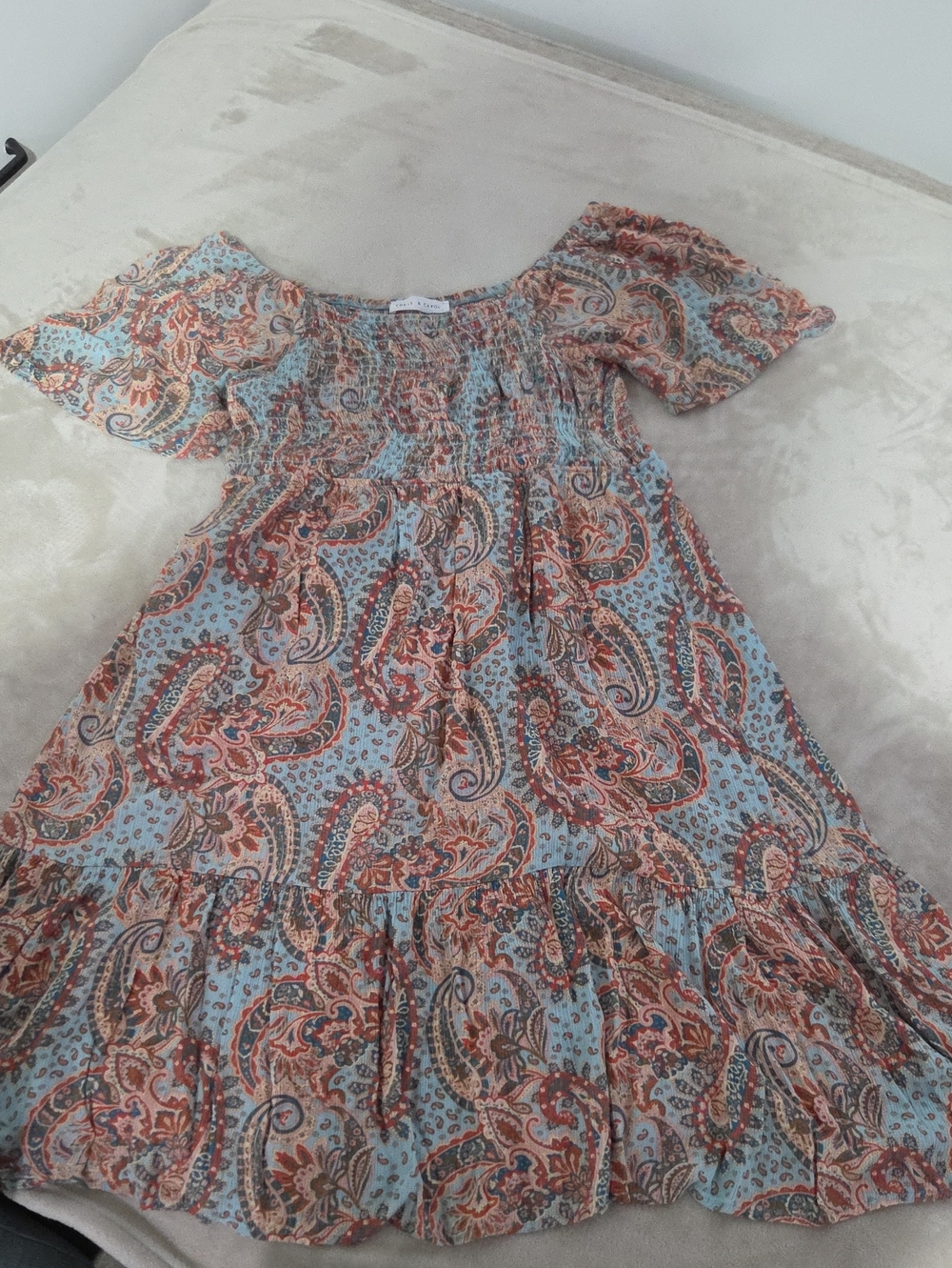 Chris & Carol Light Blue Paisley Smocked Dress with Pink Accents